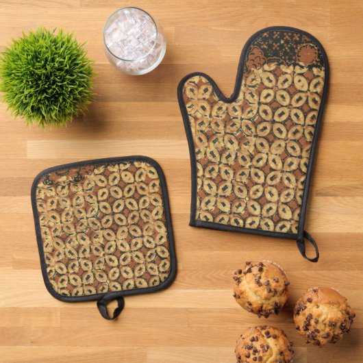 Koffieboon aardachtig boho rustiek ovenwant & pannenlap set (Top down)