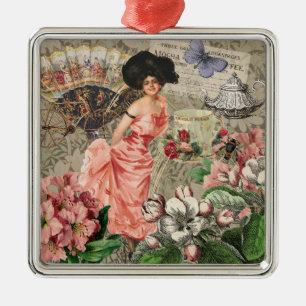 Koffiedame Victoriaanse vrouw roze rijke japon Metalen Ornament