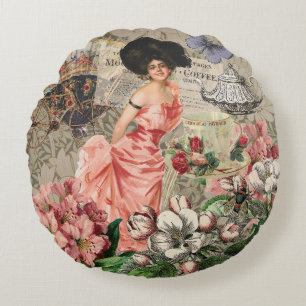 Koffiedame Victoriaanse vrouw roze rijke japon Rond Kussen