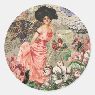 Koffiedame Victoriaanse vrouw roze rijke japon Ronde Sticker