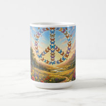 Koffiekop met vredesteken getekend met vlinders