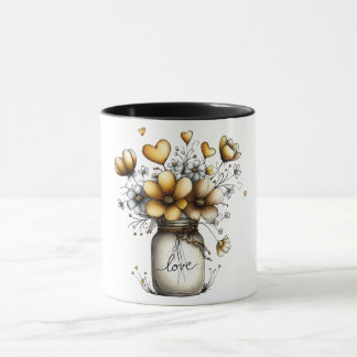 Koffiekop met weckpot vol bloemen mok