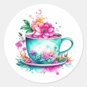   koffiekopje met roze bloemen ronde sticker