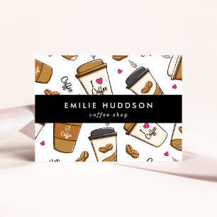 Koffiekopjes, koffiebonen, Barista, Koffiewinkel Visitekaartje