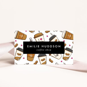 Koffiekopjes, koffiebonen, Barista, Koffiewinkel Visitekaartje