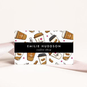 Koffiekopjes, koffiebonen, Barista, Koffiewinkel Visitekaartje