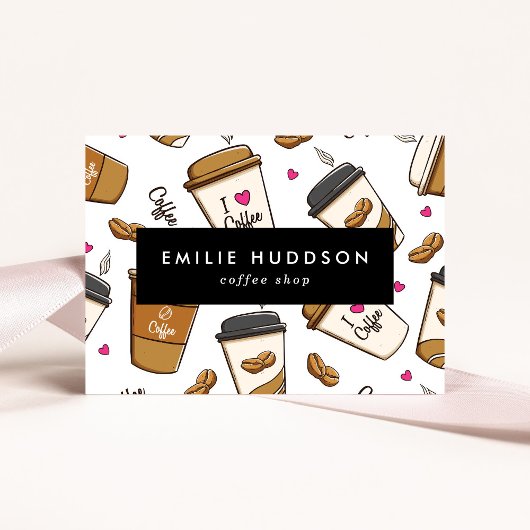 Koffiekopjes, koffiebonen, Barista, Koffiewinkel Visitekaartje