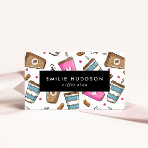 Koffiekopjes, koffiebonen, Barista, Koffiewinkel Visitekaartje