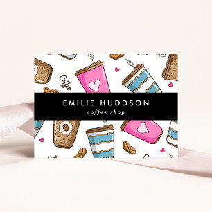 Koffiekopjes, koffiebonen, Barista, Koffiewinkel Visitekaartje