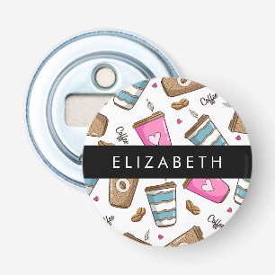 Koffiekopjes, koffiebonen, harten, Jouw naam Button Flesopener