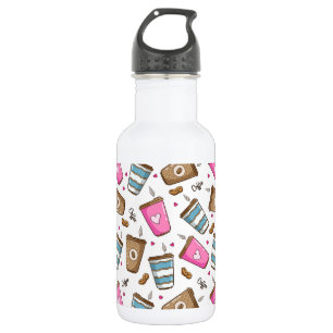 Koffiekopjes, koffiebonen, harten, koffieliefhebbe waterfles