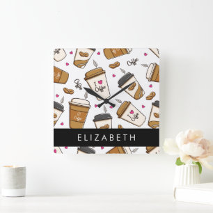 Koffiekopjes, koffiebonen, koffieliefhebber, Jouw  Vierkante Klok