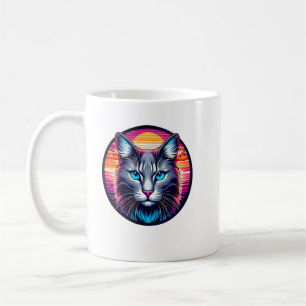 Koffiemok met kat met blauwe ogen bij zonsopgang
