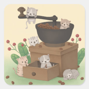 Koffiemolen & Kittens Illustratie Kunst Vierkante Sticker