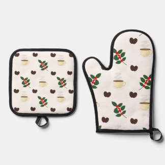 Koffiepatroon met bonen, kopjes en koffiebomen ovenwant & pannenlap set
