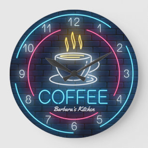 Koffietijd Faux Neon  wandklok Grote Klok