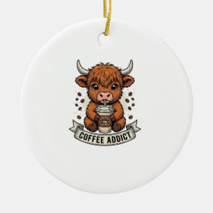 Koffieverslaafde Schattige Hoogland Koe Oude Gravu Keramisch Ornament