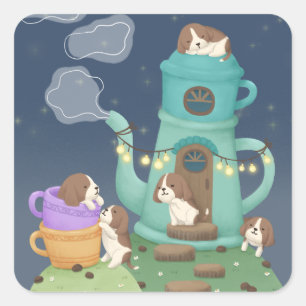 Koffiezetapparaat & Puppies Illustratie Kunst Vierkante Sticker