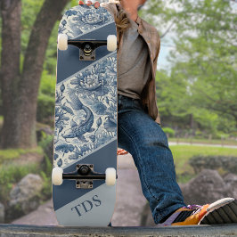 Koi Fish and Water Lily Blue Chinoiserie Monogram Skateboard
