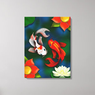 Koi fish and White Lotus Lily Pad Pond Canvas Afdruk