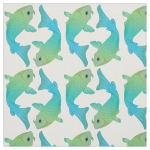 Koi Fish Blue en Green Pisces Pattern Fabric Stof