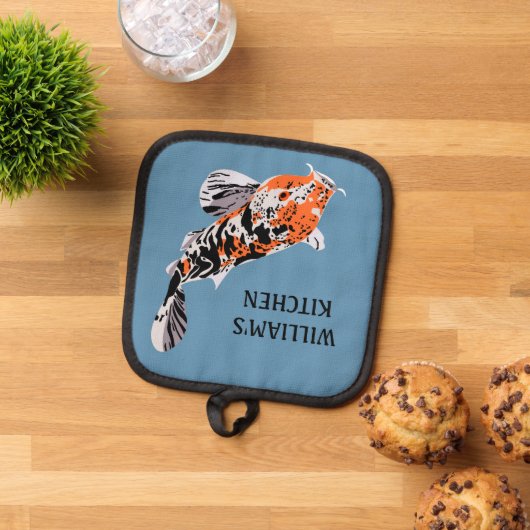 Koi Fish Illustration Oranje and Blue Personalized Pannenlap (Top down)