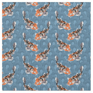 Koi Fish Illustrations on Blue Patterned Stof