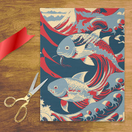 Koi Fish in Great Wave Style with Red Navy Blue Tissuepapier