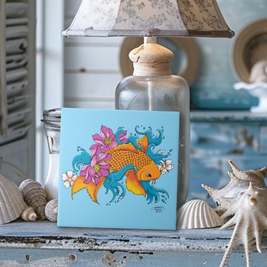 Koi Fish Lotus Chery Blossoms Tegeltje