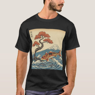 Koi Fish Ocean met dolfijnen en Japanse bergen T-shirt