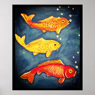 Koi Fish Oranje Yellow Blue Goldfish Art Poster