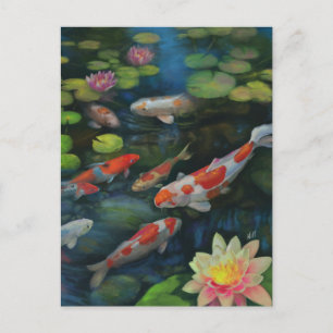 Koi Fish Swimming Lotus Flower Pond Zen Painting Briefkaart