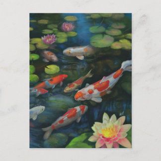 Koi Fish Swimming Lotus Flower Pond Zen Painting Briefkaart