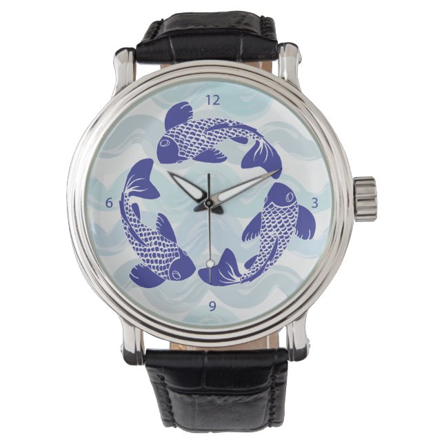 Koi Fish Watch zwart lederen band Horloge (Voorkant)