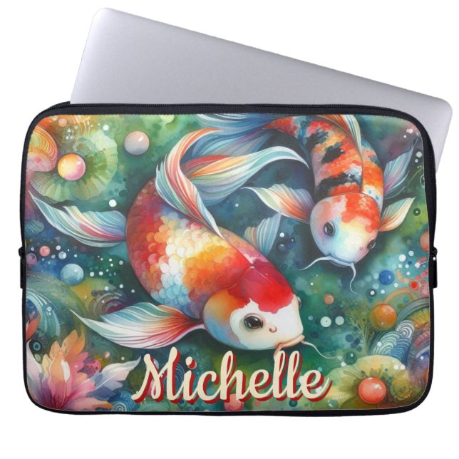 Koi Fish Whimsical Watercolor Personalized Laptop Sleeve (Voorkant)