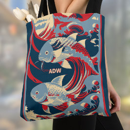 Koi Fish with Red Blue Great Wave Monogram Draagtas
