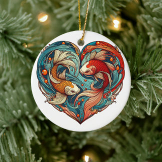 Koi Harmony: hartvormige kerst Keramisch Ornament