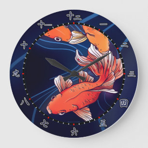 koi, vis, kitsch, Japan, cartoon, blauw, kanji Grote Klok