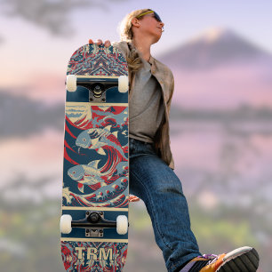 Koi Vis met Rode Blauwe Crazy Patroon Monogram Skateboard