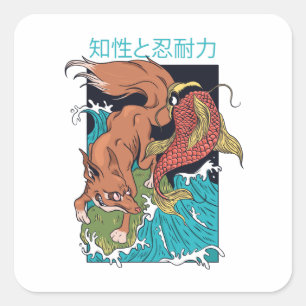 Koi Vis met Vos Japanse Stijl Ontwerp Vierkante Sticker
