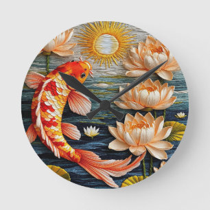Koi-vis omringd door lotusbloemen ronde klok