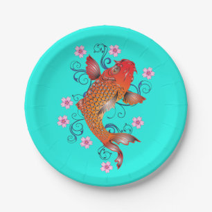 Koi vis oosters oranje turquoise bloemig elegant papieren bordje