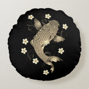 Koi vis oosters zwart en goud bloemig elegant rond kussen