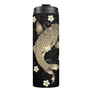 Koi vis oosters zwart en goud bloemig elegant thermosbeker