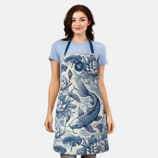 Koi Vis Waterlelie Blauwe Chinoiserie Toile Initia Schort
