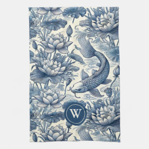 Koi Vis Waterlelie Blauwe Chinoiserie Toile Initia Theedoek