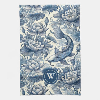Koi Vis Waterlelie Blauwe Chinoiserie Toile Initia Theedoek