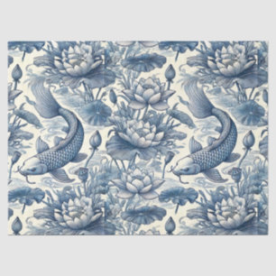 Koi-vissen en waterlelie Blauw Chinoiserie Toile Tissuepapier