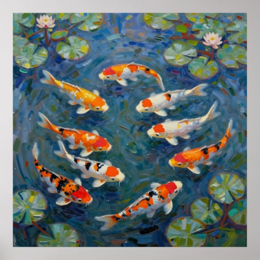 Koi Vissen Waterlelies Impressionistische Vijver Poster (Voorkant)