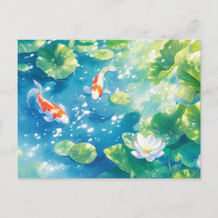 Koi Vissen Zwemmend in een Glanzende Blauwe Lotusv Briefkaart